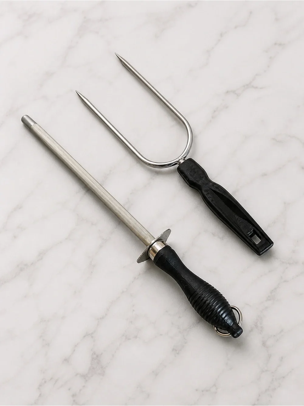 Honing Steel & Carving Fork Set Butcher Chef Kitchen Sharpening Rod Bundle